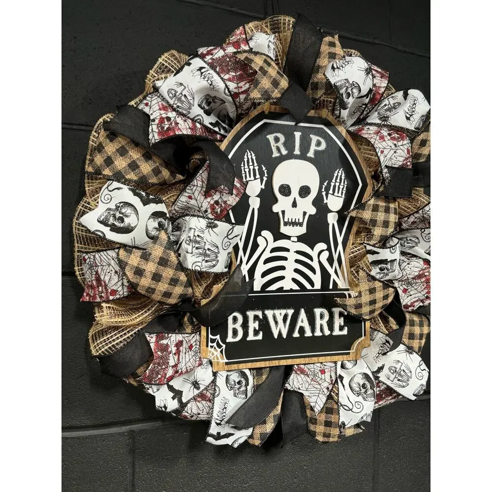 Halloween Wreath~Rustic Brown, Black, White Skeletons~Large~Front Door~Handmade